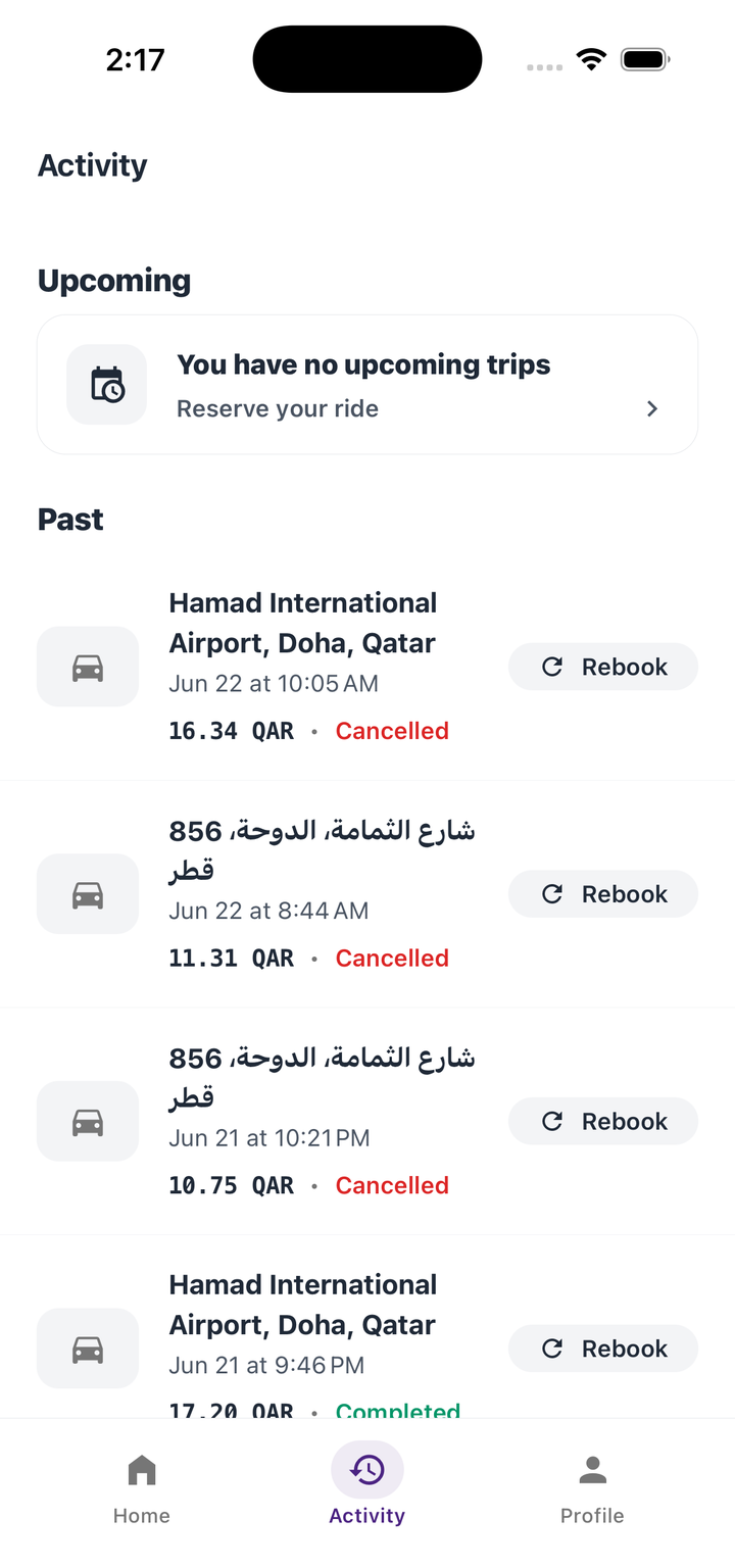 She & She activity screen listing past rides in Doha with fares and status