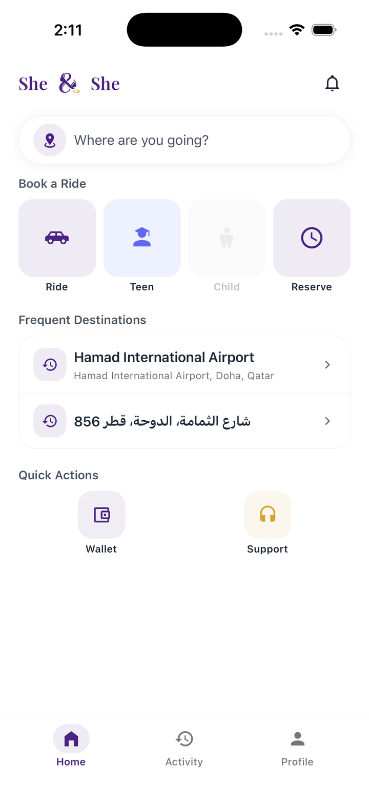 She & She app home screen with the pill search bar, four service tiles, and frequent destinations