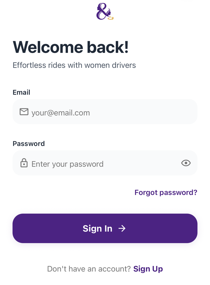 She & She sign-in screen with email and password fields