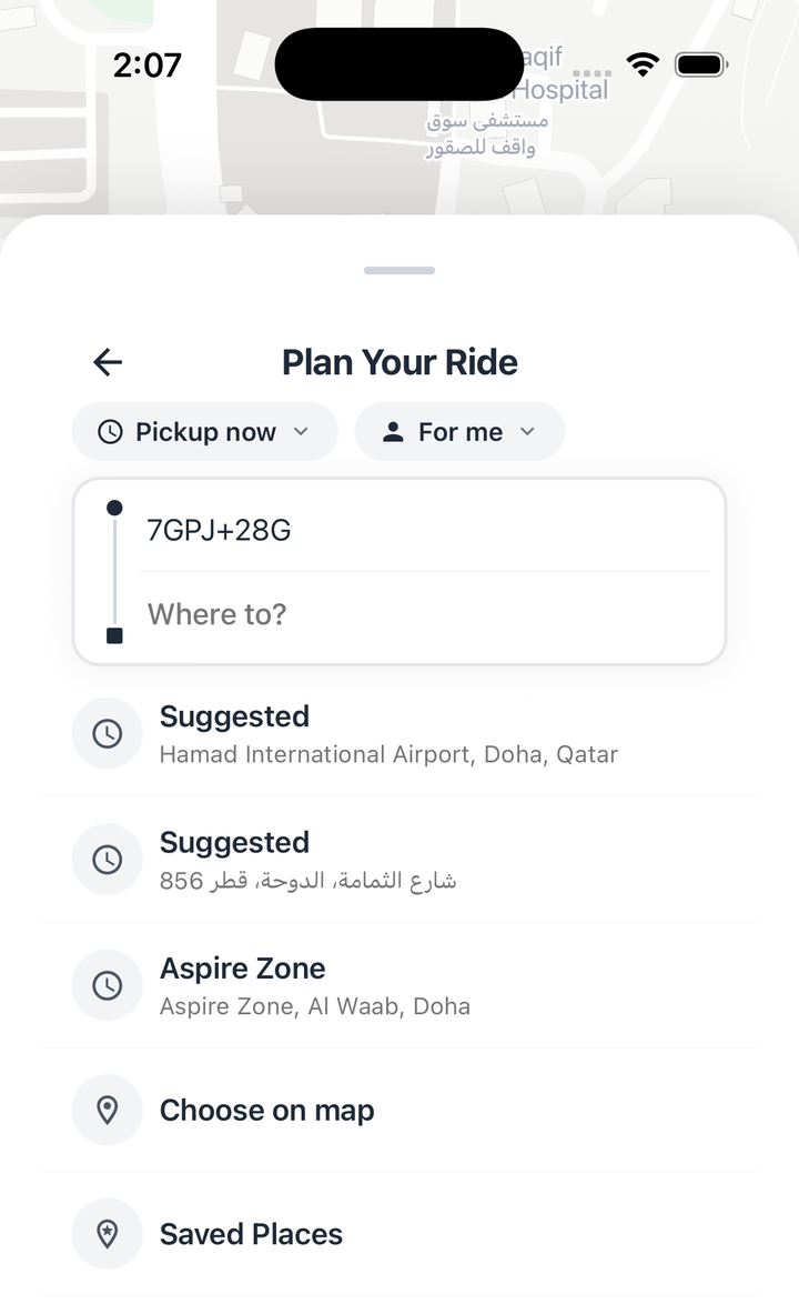 She & She plan-your-ride screen with saved places and scheduling