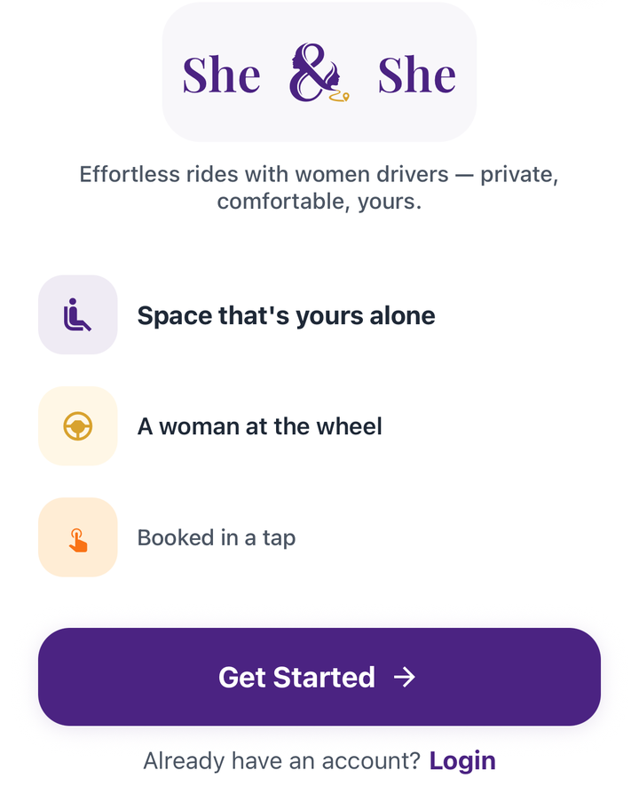 She & She welcome screen with three highlights: your own space, always a woman driver, book in one tap
